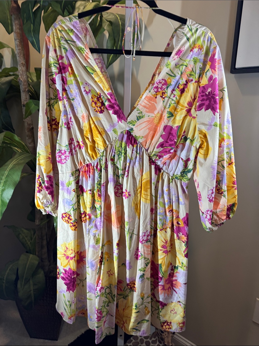 Floral V-Neck Women's Dress in White with Yellow & Pink Flowers New With Tag